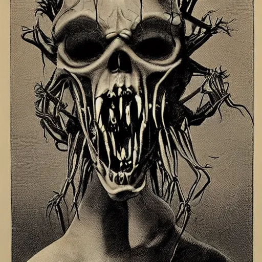 Image similar to a spindly creature with one large mouth for a head, horror art, terrifying