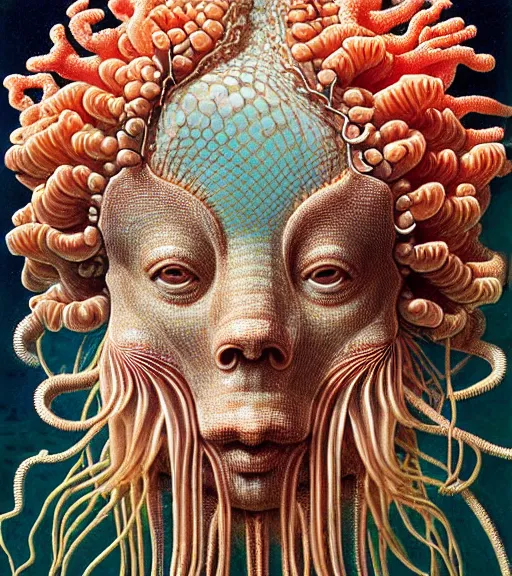 Prompt: hyperrealistic detailed underwater face portrait of the beautiful god of the jellyfish with an intricate headgear of corals, sea kelp, sea plants, fish, starfish, jellyfish, art by ernst haeckel, james jean, john william godward, gothic, neo - gothic, ornamental, beautiful deep colours,