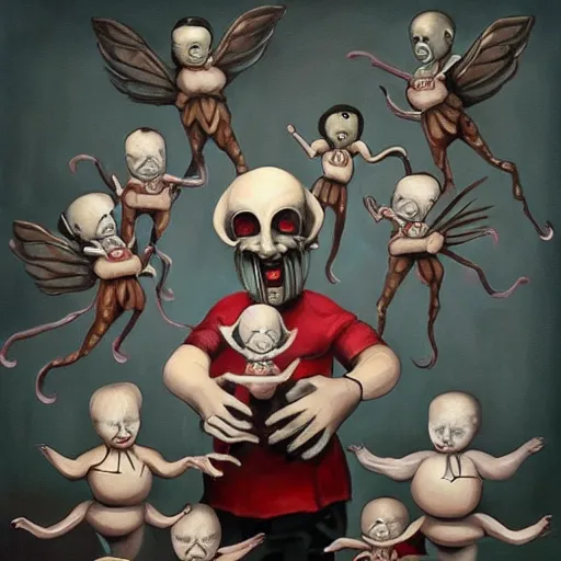 Image similar to beautiful painting of the evil porcelain old puppeteer surrounded by toy ballerinas in the style of Welder Wings and H. R. Giger. Dark background, detailed, trending on Artstation