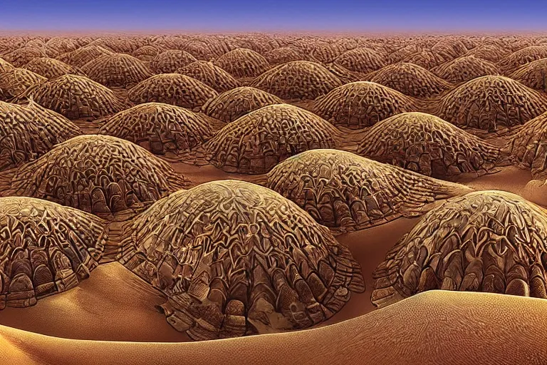 Image similar to a mysterious alien desert landscape with giant fractal shell buildings by James gurney and Jim burns