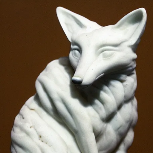 Image similar to A marble sculpture of a fox. Intricate detail, museum photo