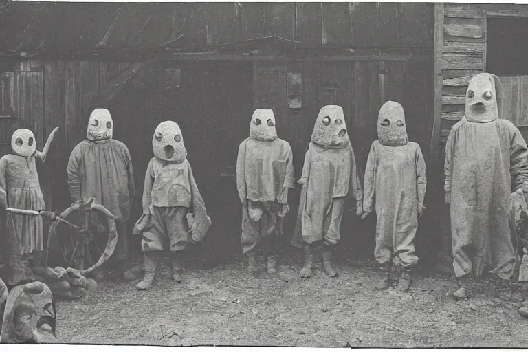 Prompt: vintage photo of villagers wearing weird masks outside a barn by hilla becher, eerie, bizarre, highly detailed shot, dramatic 8 k uhd