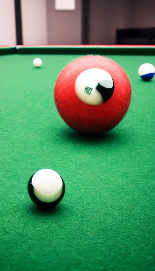 Prompt: ultra realistic billiard ball on green felt pool table with reflection of face, ray tracing, ultra detail, low depth of field, 5 0 mm camera