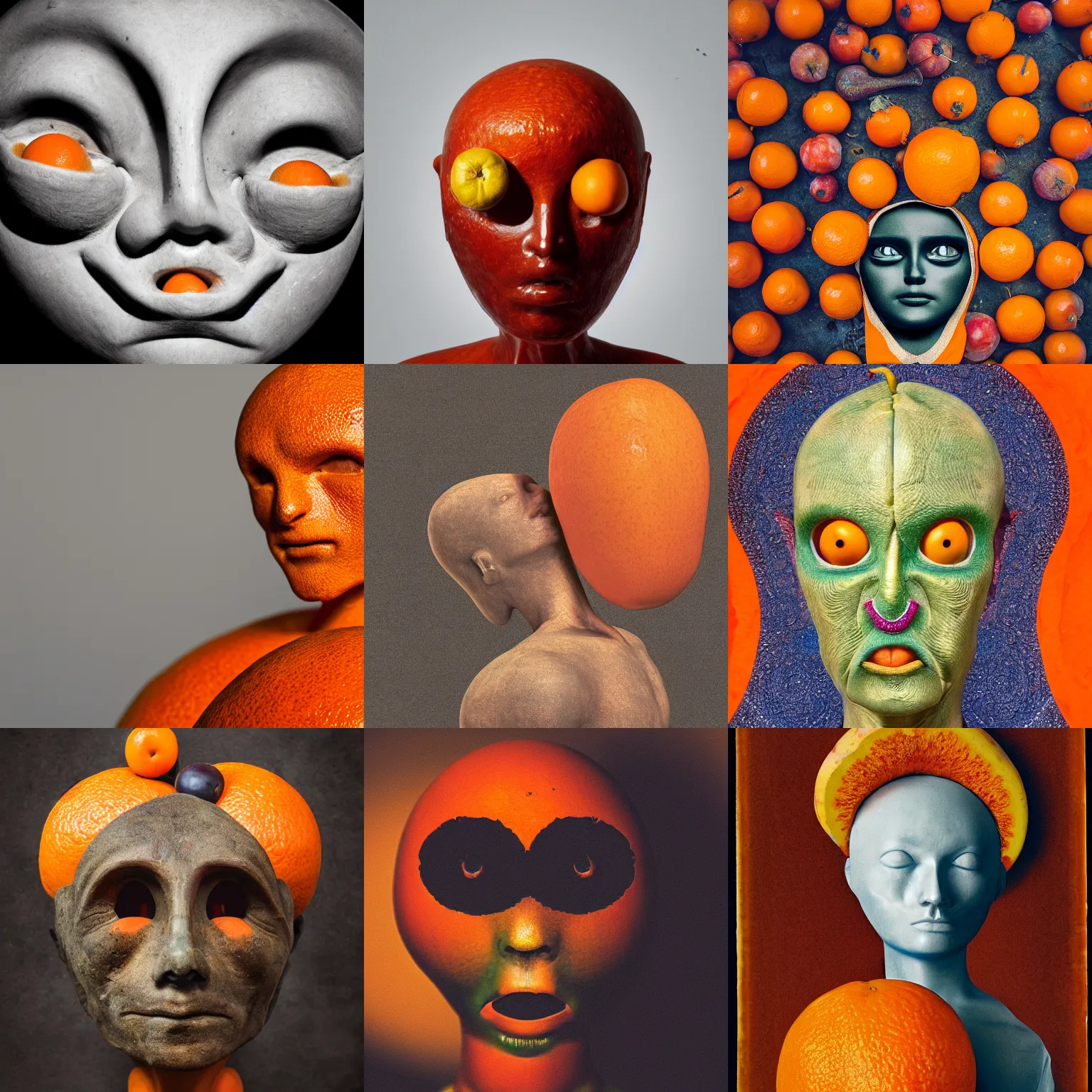 Prompt: portrait of humanoid with crescent-shaped head, looking at the orange fruit, highly detailed, photography,