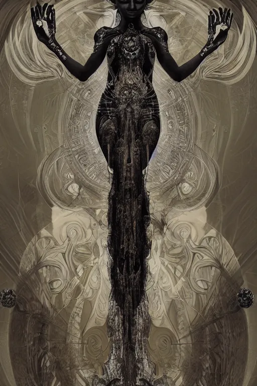 Image similar to a realistic dark photo of a beautiful ancient alien woman goddess kate moss nataraja with six hands standing in iris van herpen dress jewelery and fractals in style of alphonse mucha art nuvo dmt trending on artstation made in unreal engine 4