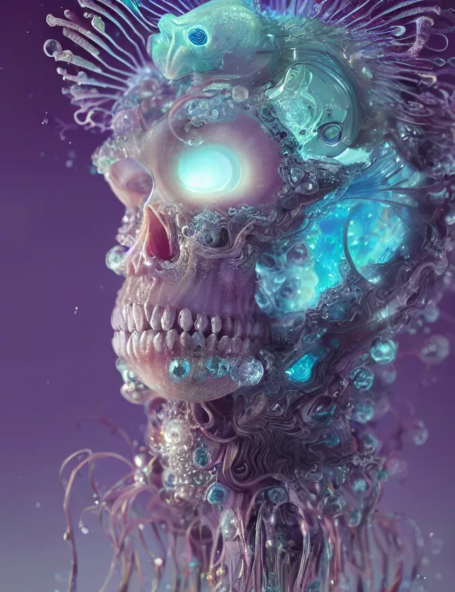 Image similar to goddess macro close - up portrait wigh crown made of ram skull. betta fish, jellyfish phoenix, bioluminiscent, plasma, ice, water, wind, creature, super intricate ornaments artwork by tooth wu and wlop and beeple and greg rutkowski