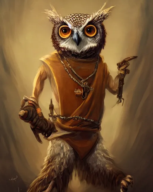 Image similar to High Fantasy whimsical portrait painting of a wise humanoid owl with a human shaped body, talon claws for feet, leg high, wearing an apron, wearing fantasy clothing, cgsociety, trending on artstation, dnd