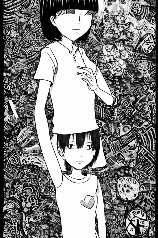 Image similar to portrait of a girl in long pants and a top, hands in pockets, eyes closed, red heart shaped tattoo on the right hand, bob haircut, digital art, black and white, detailed illustration by junji ito and kaoru mori