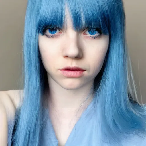 Image similar to a pale girl with blue hair, sideswept bangs, soft facial features, looking directly at the camera, neutral expression, instagram picture