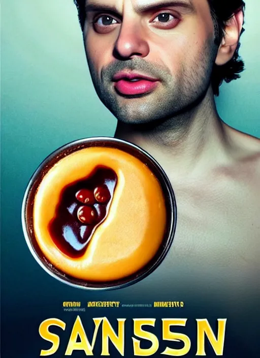 Image similar to highly detailed comedy caper movie poster with flan pudding faced sebastian stan as a sentient flan pudding, sebastian stan face made from flan pudding by greg rutkowski, masterpiece, 1 0 / 1 0