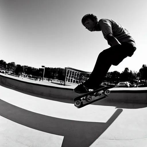 Image similar to award winning close up, black and white only, photo of, Tony Hawk, skateboarding, doing the loop, in the 1986 vert contest, by J. Grant Brittain, Atiba Jefferson, C. R. Stecyk III, fisheye lens, detailed faces, detailed skateboard, 8k, sharp image, balanced composition