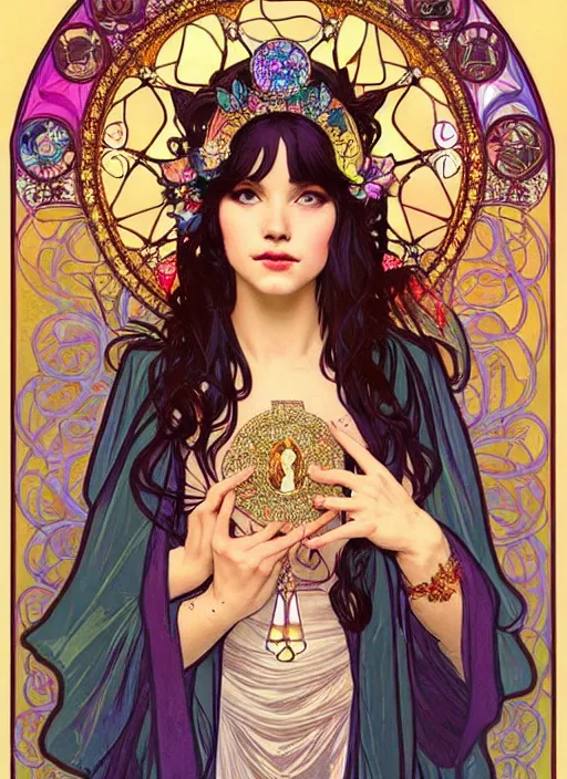 Image similar to fantastic portrait of a beautiftul witch pray with some shinny star, cloak, royally decorated crystal gemstones, symmetrical face, art nouveau, portrait, cute, yoneyama, alphonse mucha, detailed background, artstation, intricate, elegant, highly detailed, colorful, maximalist