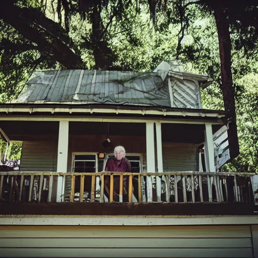 Image similar to tired miniature bearded old man and his giant skeleton wife sit in rocking chairs on on the porch of their house, 8mm photography