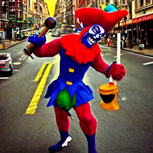 Image similar to Giant Evil Jester Clown Smashing a city with polka dot hammer