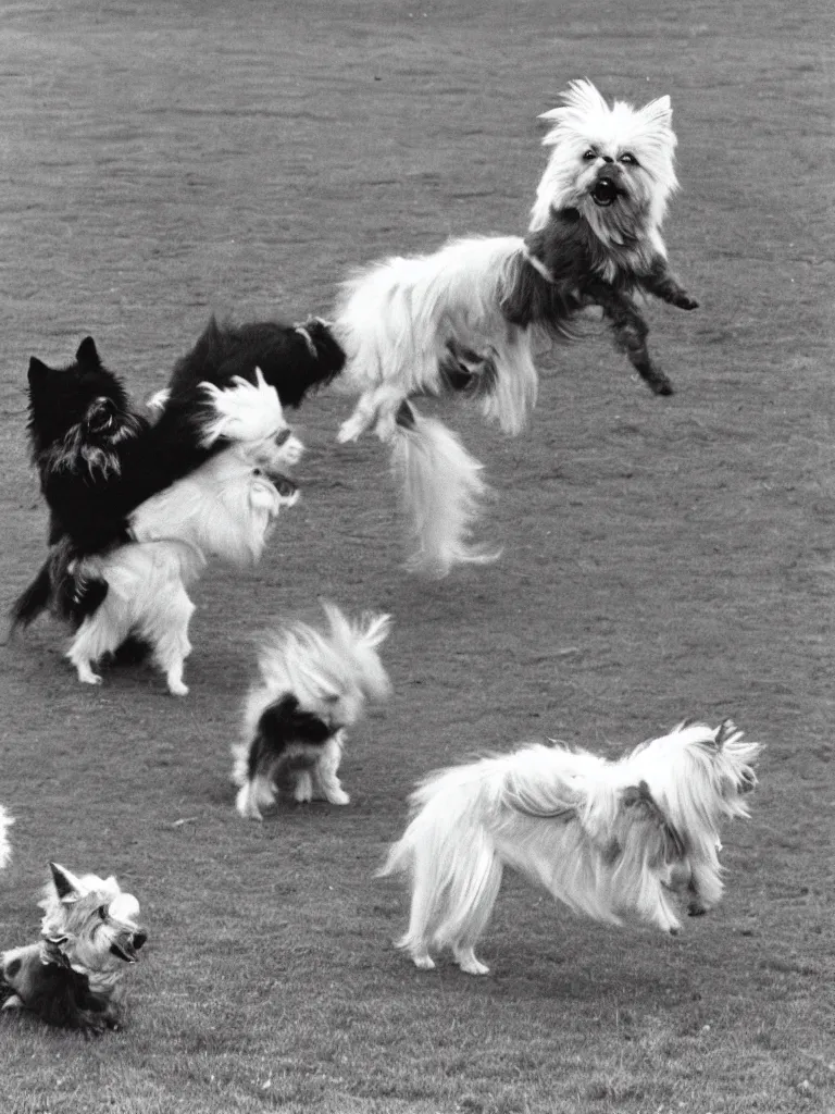 Prompt: a gray german spitz fights a white west highland terrier, disney style, 1 9 7 0 s