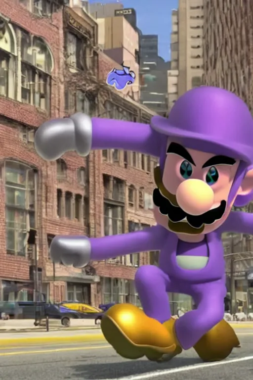 Prompt: still from vhs footage of waluigi attacking city