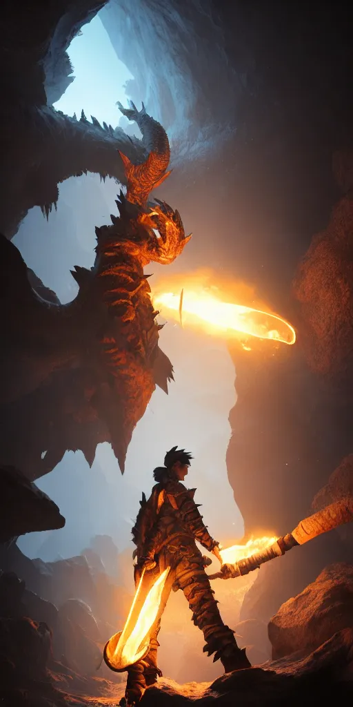 Image similar to a epic hero adventurer holding a torch in a dark cave, fantsy, concept art, artgerm, monster hunter world, 8 k realistic, radiant light, frostbite 3 engine, dof, cryengine, digital art, detailed background