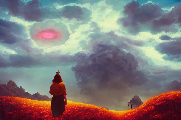 Image similar to giant dahlia flower as a head, girl walking on mountain, surreal photography, stars, dramatic light, impressionist painting, storm clouds, digital painting, artstation, simon stalenhag