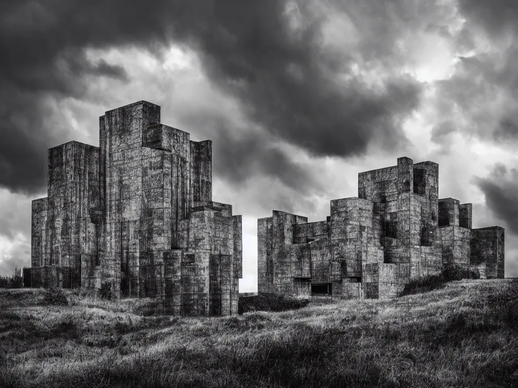 Prompt: photo of a brutalist cathedral built over a hill, in the middle of a storm. realistic clouds that resemble levitating large rocks. impressive, magical, very atmospheric, cinematic, deep, very high complexity, stunning, dramatic masterpiece, iridescent, chiaroscuro, romantic, very detailed. 4 k