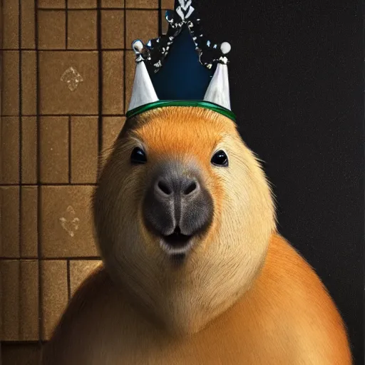 Prompt: a portrait of a capybara in a palace wearing a crown, oil painting, art station, concept art, 4k, 8k