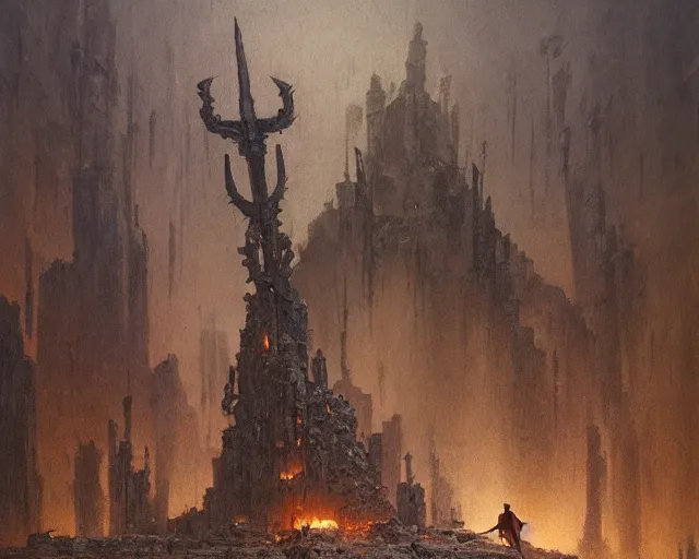 Prompt: a hyperdetailed painting of a dark executioner wielding a huge axe standing in the middle of an ancient ruined temple, dark soul concept, by beksinski, ruan jia, trending in artstation