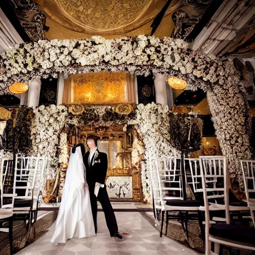 Image similar to A wide full shot, colored black and white Russian and Japanese mix historical fantasy a photograph taken of inside the royal wedding floral covered venue inspired by fairytales, photographic portrait, warm lighting, 1907 photo from the official wedding photographer for the royal wedding.