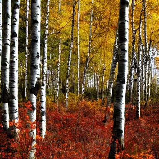 Prompt: in autumn, beautiful birch forest landscapes, falling leaves all over the sky, like flying butterflies, and like dancing elves flying and spinning in the sky