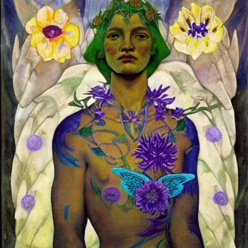 Image similar to the flower prince, by Annie Swynnerton and Nicholas Roerich and Diego Rivera, bioluminescent skin, tattoos, wings made out of flowers, elaborate costume, geometric ornament, symbolist, cool colors like blue and green and violet, smooth, sharp focus, extremely detailed