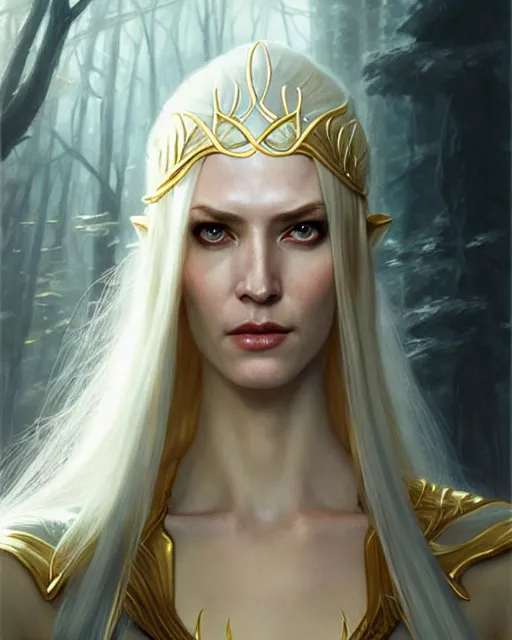 Image similar to tall slender elven queen on the throne, long white hair, pale skin, golden eyes | | realistic shaded, fine details, fine - face, realistic shaded lighting poster by greg rutkowski, magali villeneuve, artgerm, jeremy lipkin, michael garmash, rob rey