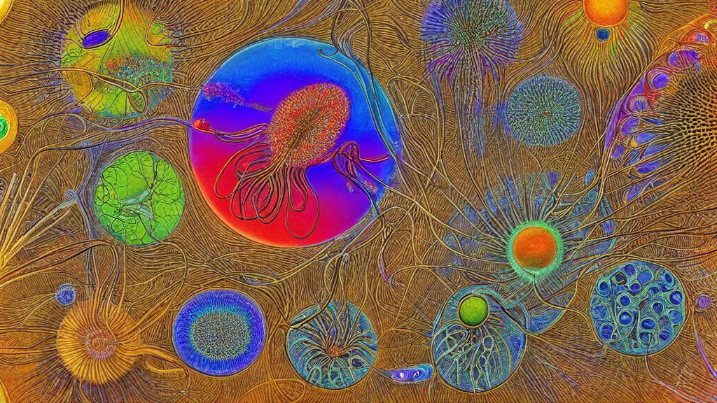 Image similar to quantum connections represented as symbiotic organisms like cells playing around with colorful lights by ernst haeckel, squishy