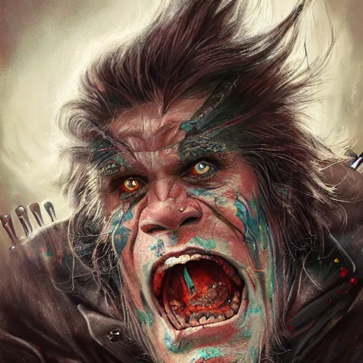 Image similar to detailed photo portrait of a Half-orc bard portrayed by Gary Busey, 8k,by tristan eaton, Stanley Artgermm,Tom Bagshaw,Greg Rutkowski,Carne Griffiths,trending on DeviantArt, face enhance,hyper detailed ,full of colour, dramatic lightning