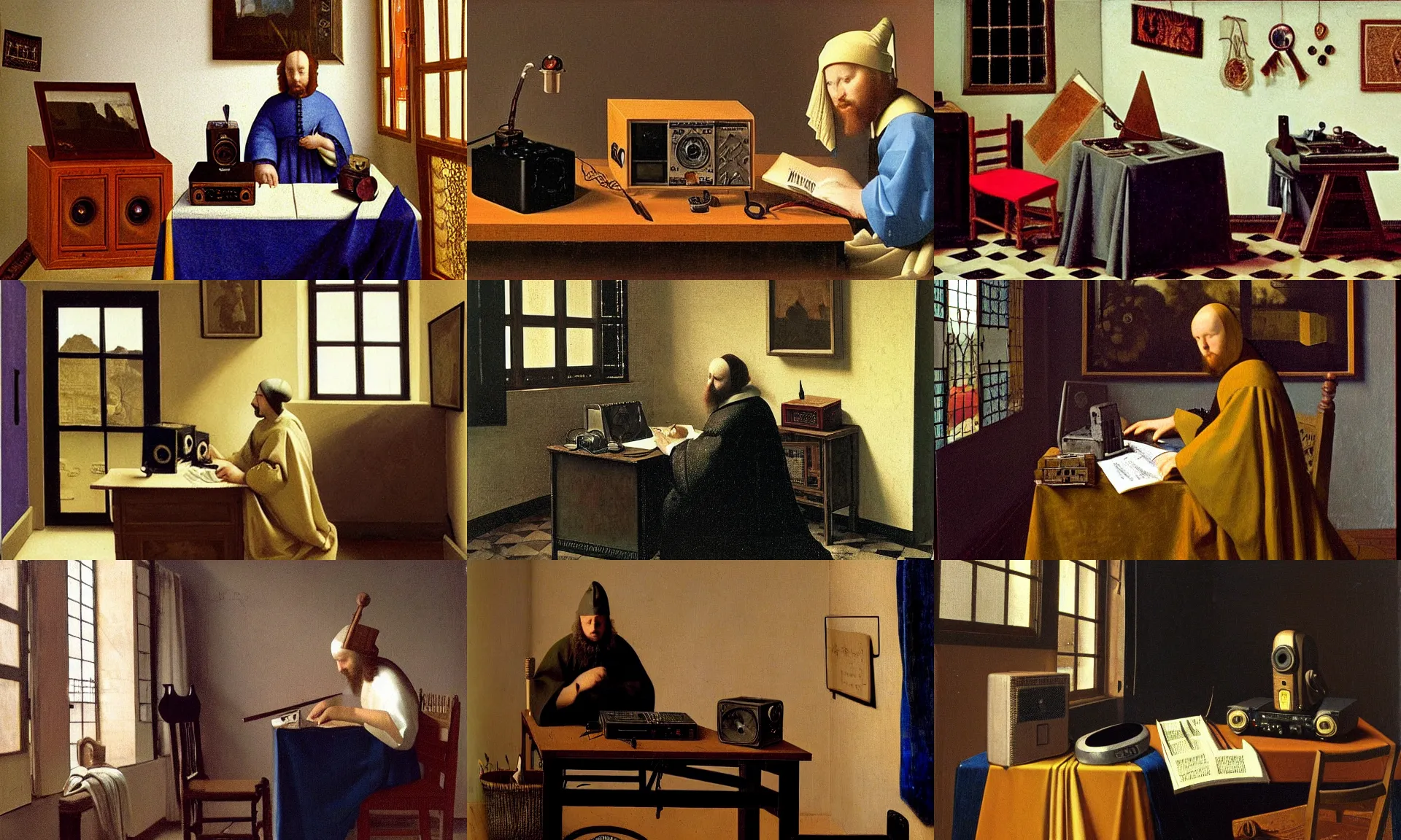 Prompt: wizard, radio equipment, desk, tome, by Vermeer