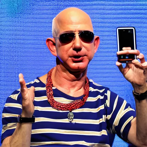 Prompt: bezos on stage in a red and blue striped t - shirt with a wonky sonichu medallion necklace