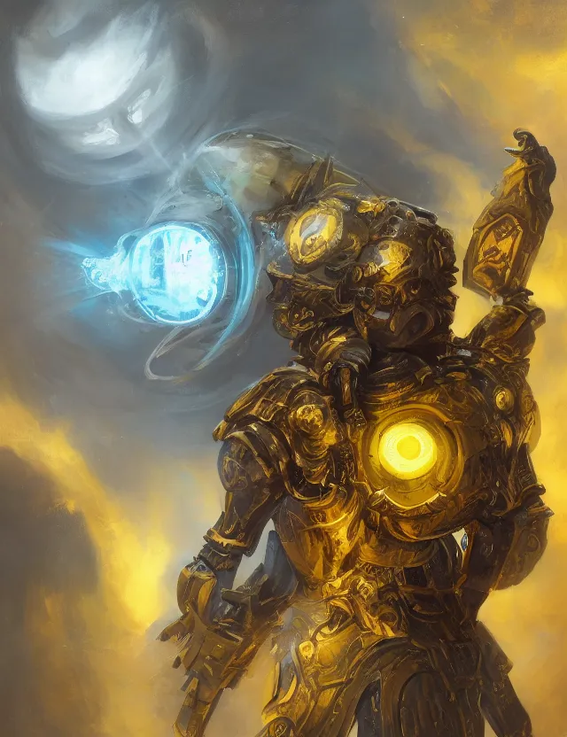 Prompt: full body, attack position abstract painting in lush fantasy environment of a ornate holy mechanical warforged with circular glowing eye, character in yellow armor holding a legendary paladin engraved holy great longsword and carrying a huge heavy paladin shield, vertically flat head, face in focus, epic , trending on ArtStation, masterpiece, cinematic lighting, by Ross Tran and by Greg Rutkowski