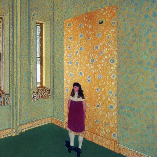 Image similar to a lonely girl in an abandoned room, film still by wes anderson, depicted by klimt, limited color palette, very intricate, art nouveau, highly detailed, lights by hopper, soft pastel colors, minimalist