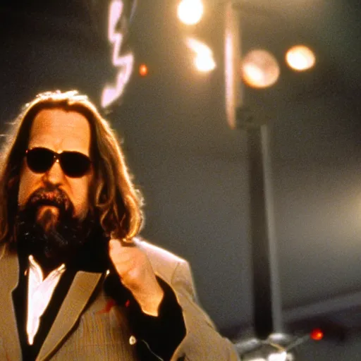 Prompt: film still of the dude from the movie the big lebowski bootlegging a concert with a minidv camcorder. octane, light, mist, steve mccurry, volumetric lighting, 8 k