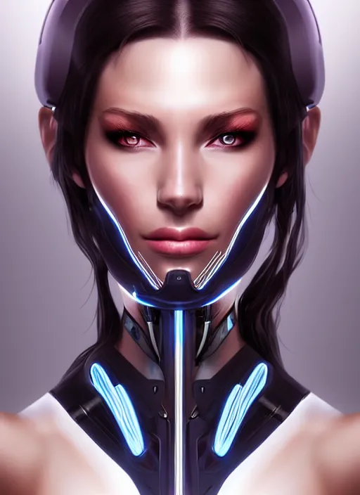 Prompt: portrait of a cyborg woman by Artgerm, (((((face turns left))))) face turns right, open eyes , biomechanical, hyper detailled, trending on artstation