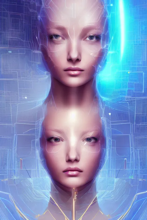 Image similar to detailed portrait cyber noun, attractive feminine curves, intricated, scifi, futuristic, elegant cape, year 2 1 0 0, elegant, alien room background, white, blue, pink, gold, photorealism, trending on artstation, so - s 1 4 8 ft light, holy machine, advanced technology, art by vitaly bulgarov and chanthara