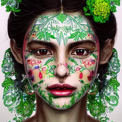 Image similar to the portrait of an absurdly beautiful, graceful, elegant, young mexican girl made of strawberries and green petals, an ultrafine hyperdetailed illustration by kim jung gi, irakli nadar, intricate linework, bright colors, octopath traveler, final fantasy, angular, unreal engine 5 highly rendered, global illumination, radiant light, detailed and intricate environment