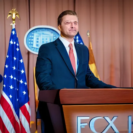 Image similar to a fox animal dressed in a suit giving a presidential press conference, 8 5 mm f / 1. 4