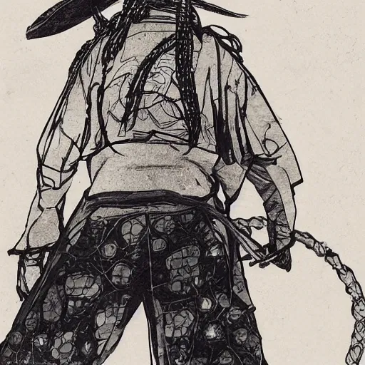 Image similar to A PORTRAIT FROM BEHIND OF A SAMURAI MAN VAGABOND WITH A MOON BEHIND HIM ,THE SAMURAI IS WRAPPED IN CHAINS ,detailed, concept art, ink style , sketch