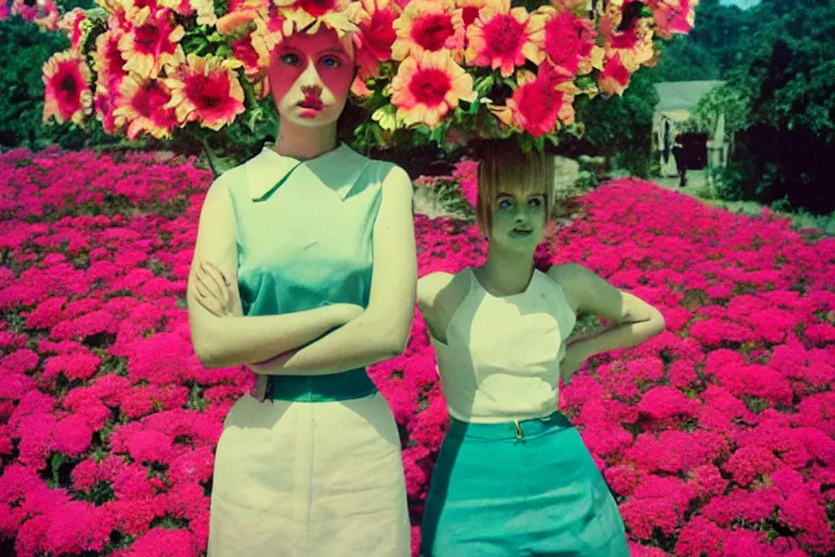 Image similar to giant flower head, girl standing, 1 9 6 0 s architecture, surreal photography, frontal, symmetry, mid century, liminal space, bright colours, wes anderson