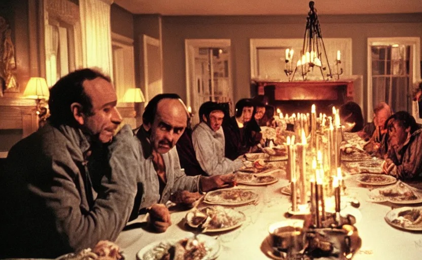 Image similar to Aliens sitting around a big dinner table with candles in the shining by stanley kubrick, shot by 35mm film color photography