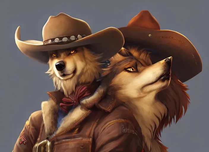 Image similar to character portrait icon of the anthro male anthropomorphic wolf fursona wearing cowboy outfit wild west desperado character design stylized by charlie bowater, ross tran, artgerm, and makoto shinkai, detailed, soft lighting, rendered in octane