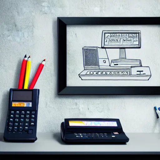 Image similar to cash register with a calculator on the right and a notepad on the left, 3 d art, 2 d art, 2 d realistic