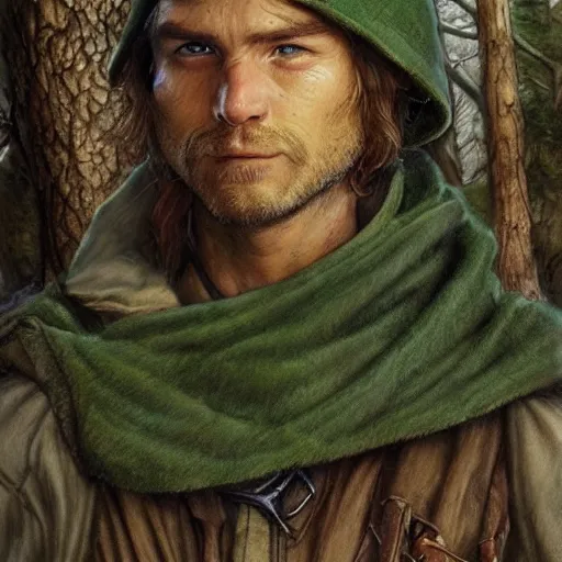 Image similar to a handsome young rugged hobbit ranger and a dark green hood and cloak in the forest, adventure gear, realistic, detailed, masterpiece, short brown hair, clean shaven, by John Howe and Alan Lee, trending on ArtStation