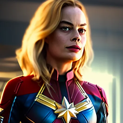 Image similar to Margot Robbie as real-life Captain Marvel, cinematic, Wide-shot, atmospheric lighting, directed by Quentin Tarantino, extreme detail, 8K, movie still