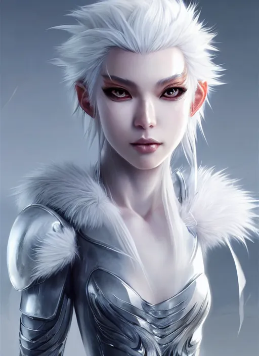 Image similar to fur - lined armor!!! beautiful and elegant white haired female!! gorgeous ayes!! character concept art, sharp focus, octane render! unreal engine 5! highly rendered!! trending on artstation!! detailed linework!! illustration by artgerm, wlop, and chie yoshii