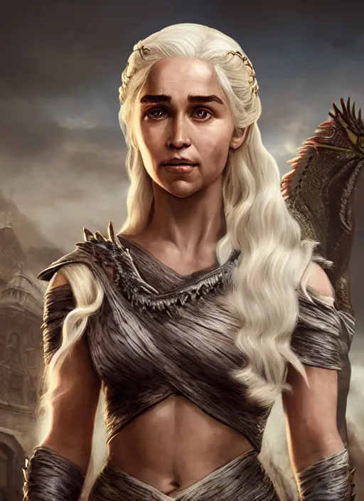 Prompt: An epic fantasy comic book style portrait painting of Daenerys Targaryen and her dragons, Unreal 5, DAZ, hyperrealistic, octane render, cosplay, RPG portrait, dynamic lighting
