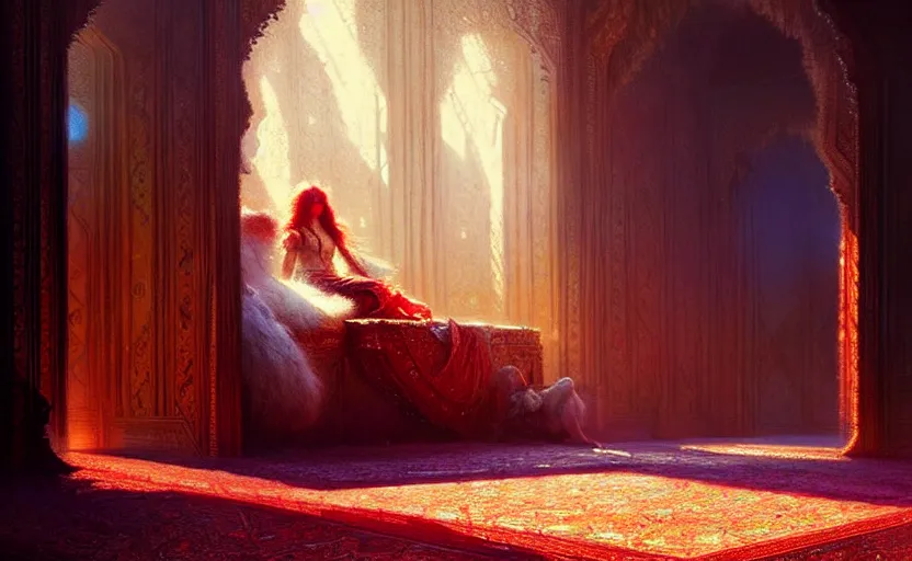 Image similar to magic fluffy Persian carpet dimension, by Greg Rutkowski and Gaston Bussiere, dim lighting, beautiful volumetric-lighting-style atmosphere, surreal atmosphere, intricate, detailed, photorealistic imagery, artstation